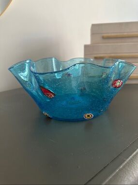 Vintage Murano Style Art Glass Bowl Aqua  Bullicante Bubbles Millefiori Flowers